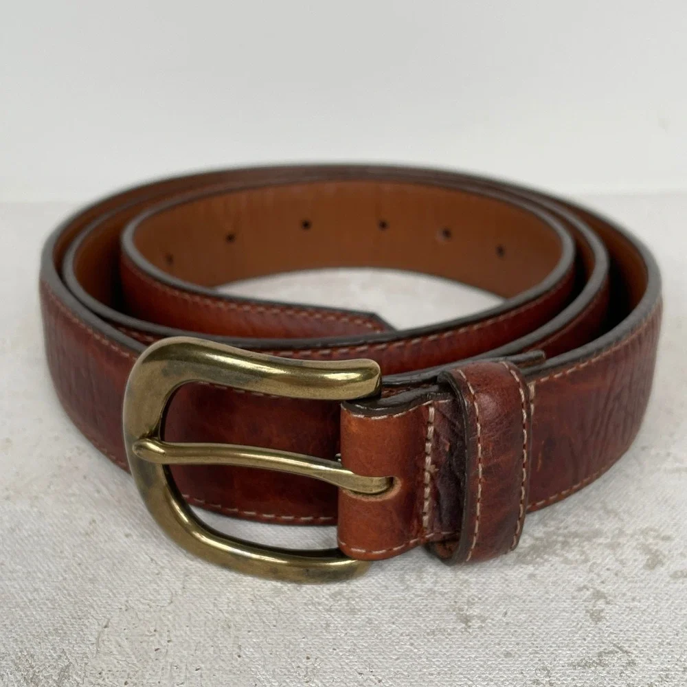 L.L. Bean Belt Mens 44 Brown Full Grain Leather Brass Buckle Made in USA 0FMH3